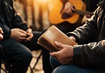 Man Reading Old Book Outdoors with Friends Playing Guitar
