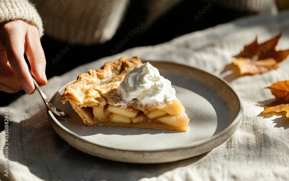 Poster slice of apple pie with whipped cream on plate in autumn setting
