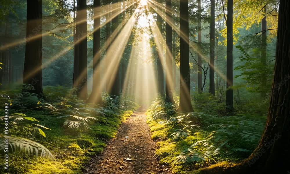 Poster sunlight streams through trees in serene forest setting creating a mesmerizing display of natural be