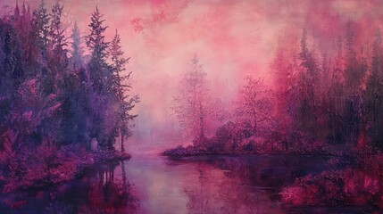 Fototapeta premium Tranquil Pink and Purple Landscape with Misty Trees and Still Water at Dusk in a Painterly Style