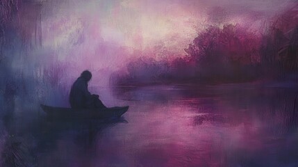 Fototapeta premium Serene Reflection at Dusk: A Solitary Figure Enjoying Peace by a Tranquil Lake Surrounded by Ethereal Colors of Purple and Pink in the Veil of Twilight
