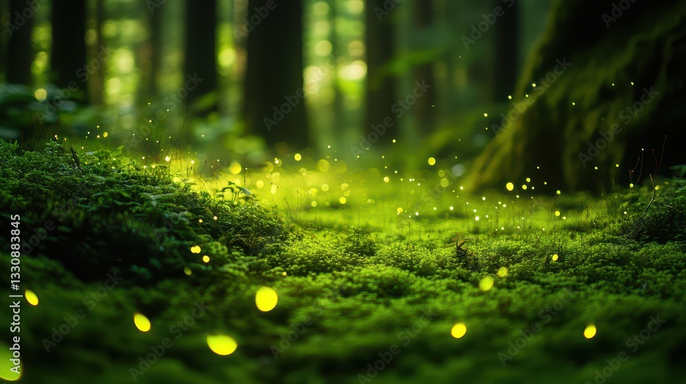 Poster enchanted forest scene with glowing fireflies dancing above lush green moss in a tranquil nature set