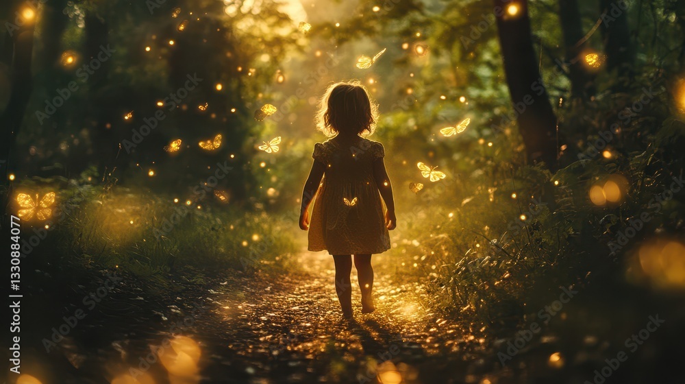 Poster Enchanted Forest with a Child Walking Amidst Glowing Fireflies and Golden Light Filtering Through Trees Creating a Magical Atmosphere