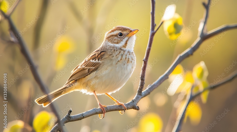 Poster captivating close-up of a small bird perched on a branch in golden sunlight, surrounded by soft boke