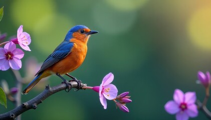 Obraz premium A beautiful bird sits on a twig surrounded by lush purple flowers, foliage, garden