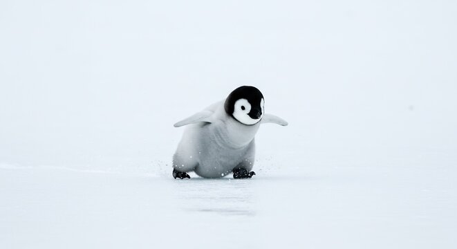 Adorable penguin chick waddles on pristine snow under soft Antarctic sunlight. AI Generated
