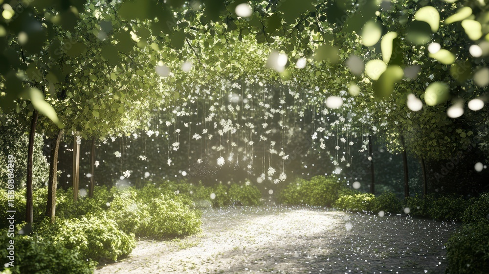 Poster enchanted forest path with sunlight filtering through lush green foliage and gentle petals falling f