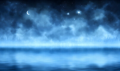 Serene nightscape moonlit lake reflecting starry sky, ethereal fog, tranquil scene. Ideal for fantasy, serenity, calmness themes.