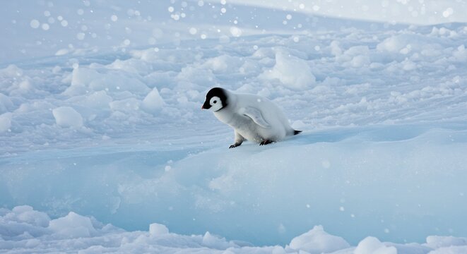 Adorable penguin chick waddles playfully across icy Antarctic landscape bathed in soft sunlight. AI Generated
