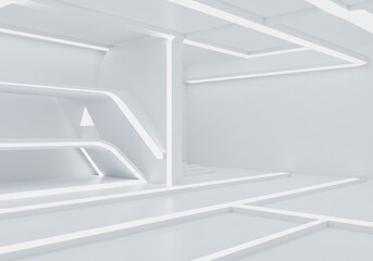 Clean white futuristic interior glows softly illuminating sleek architectural lines. AI Generated