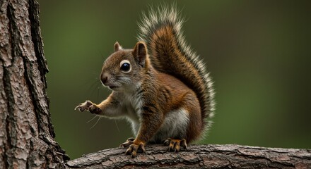 Obraz premium Alert squirrel playfully perched on tree branch soft natural light. AI Generated
