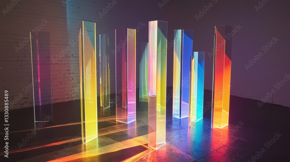 Poster colorful light refraction through transparent shapes creating abstract art installation in gallery s