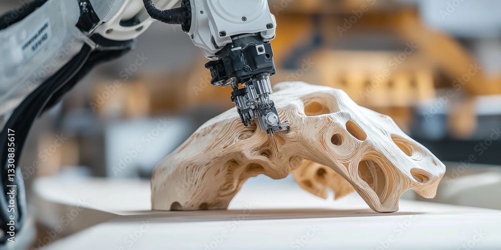 Aufkleber robotic arm intricately carves complex wooden sculpture, showcasing precision and technology in mode