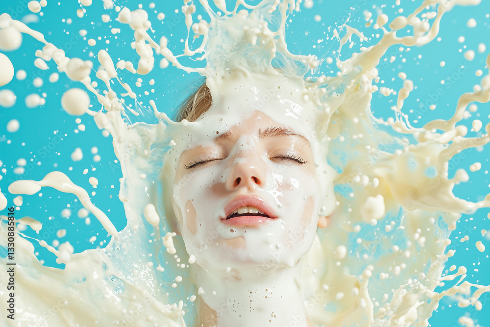 Aufkleber woman with closed eyes is enveloped in dynamic splash of milk against blue background, creating surreal and artistic effect