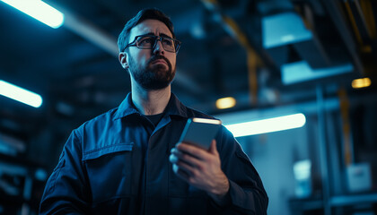male mechanic in dimly lit garage holds smartphone, looking thoughtful. industrial setting features blue lighting and metal structures, creating focused atmosphere