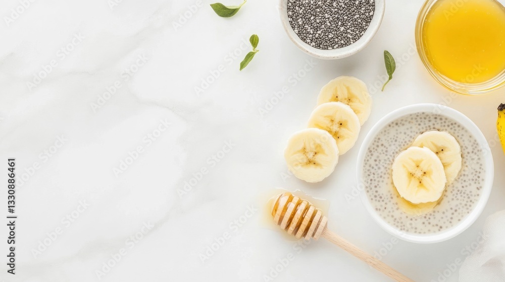 Aufkleber flat lay image of a healthy and appetizing oatmeal bowl topped with sliced banana chia seeds and a d