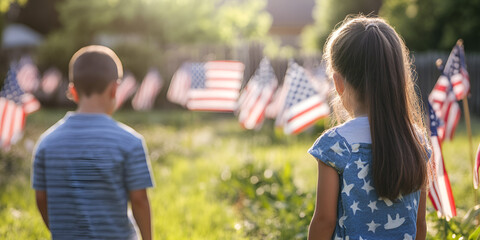 Parents Teaching Kids About Memorial Day Traditions in a Patriotic Setting
