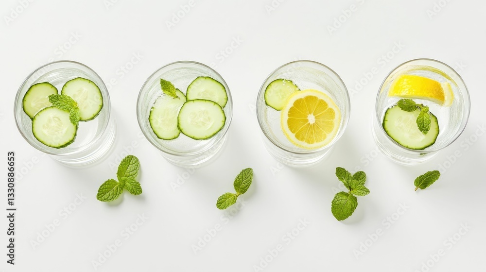Poster flat lay arrangement of clear glasses filled with refreshing detox water infused with slices of lemo