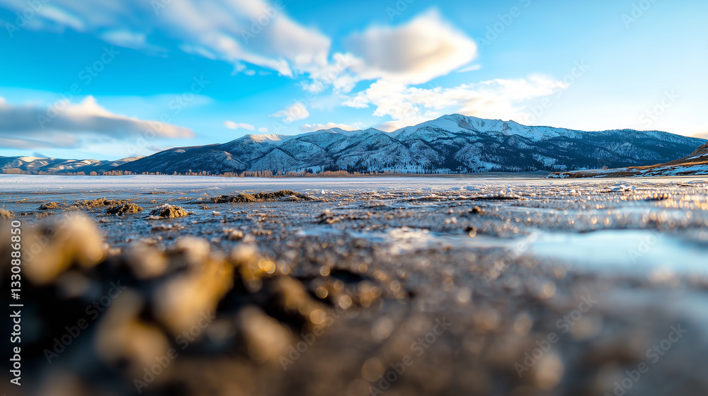Aufkleber wide angle view captures serene mountain range with snow covered peaks under blue sky, reflected in 