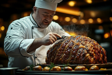 Chef Carving Large Roast At Dinner Party