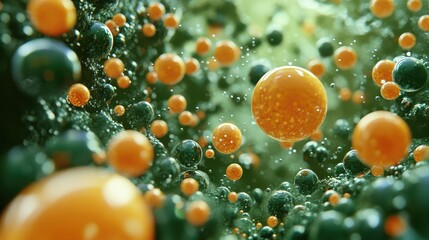 Abstract rendering of floating orange and green bubbles in a fluid environment, depicting vibrant microscopic structures illuminated by soft light