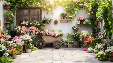 Fototapeta premium Sunny garden courtyard filled with flowers and plants, a charming display