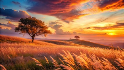 Obraz premium Golden Hour Serenity Rolling Hills, Solitary Trees, and a Vibrant Sunset Sky