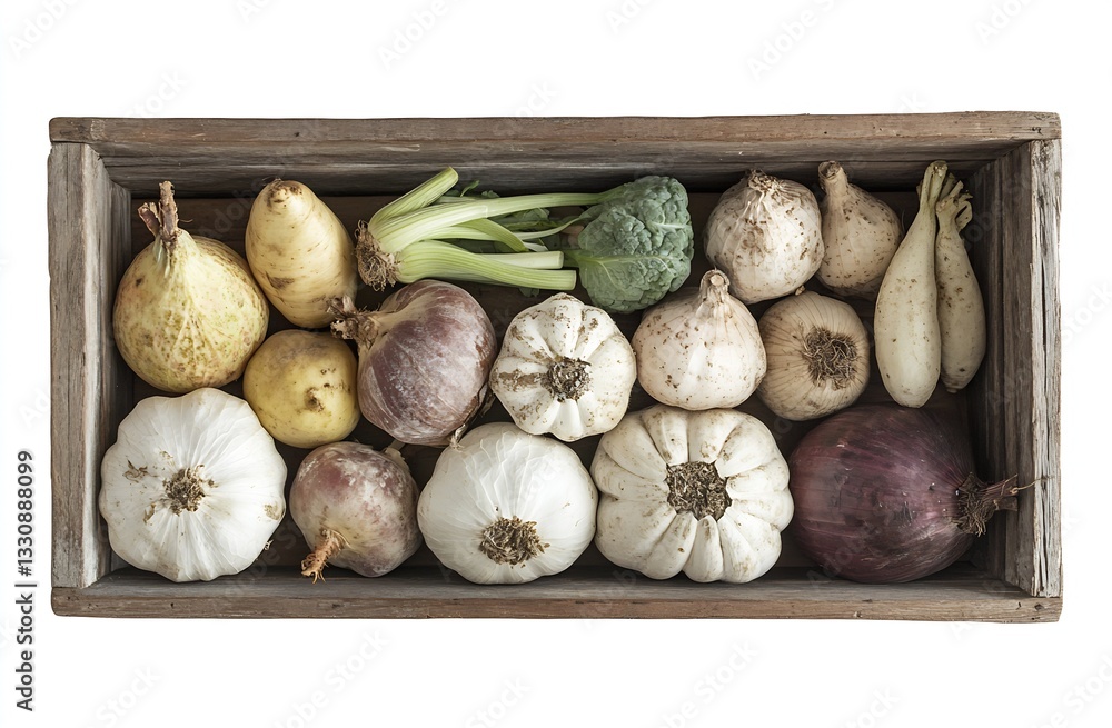 Poster a beautiful wooden box filled with an array of seasonal organic vegetables showcasing diverse colors