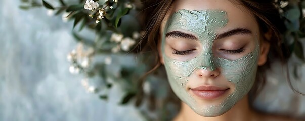 Refreshing image a woman enjoying the benefits a green face mask, set against a clean, neutral background to emphasize clarity and skincare focus.
