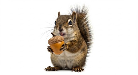 Fototapeta premium Cute Squirrel Joyfully Devouring Acorn Against White Background. AI Generated