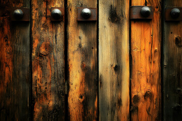 Rustic wooden planks background texture with aged, weathered wood and dark metal accents. Perfect for design projects needing a vintage, grunge aesthetic.