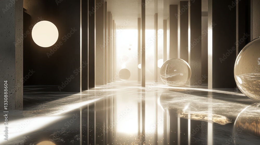 Poster serene modern architecture hall with glowing spheres and reflective floor creating an ethereal atmos