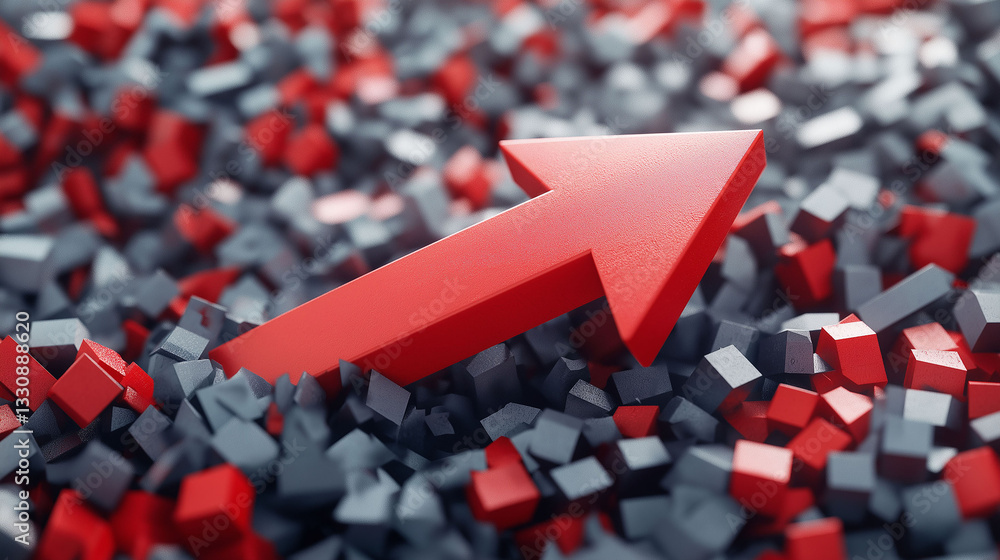 Poster a red arrow is in the middle of a pile of gray and red blocks. concept of chaos and disarray, as the