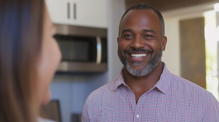 Obraz premium An African American man in the kitchen talking to his wife