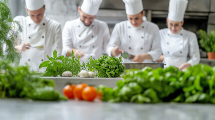 Table with vegetables in the foreground, in the background four chefs working in the kitchen