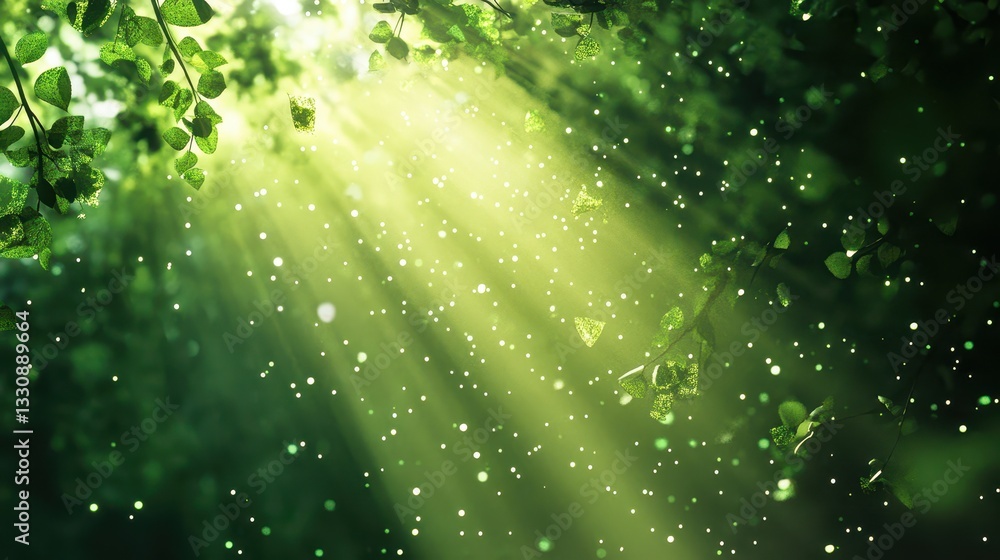 Poster ethereal sunlight filtering through green leaves in a lush forest with floating dust particles creat