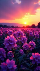 Fototapeta premium Deep purple blossoms stretch to the horizon under a clear sunset sky , golden hour, sky, stock image