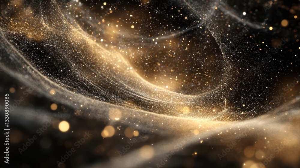 Poster ethereal golden particles swirl gracefully in a dreamy space, creating a magical and enchanting back