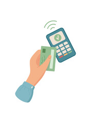 Payment card holding by a female hand. A human hand holds a card for contactless cash transactions. This element captures the economy in digital context, flat style, suitable for finance themes.