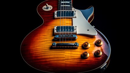 Brown electric guitar close-up view with black background, musical instrument and art equipment