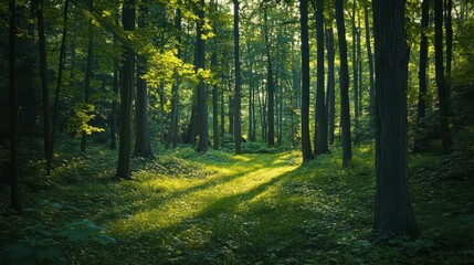 Obraz premium Sunlight Filtering Through Lush Green Forest Canopy Illuminating a Serene Pathway Surrounded by Vibrant Nature and Tranquil Atmosphere