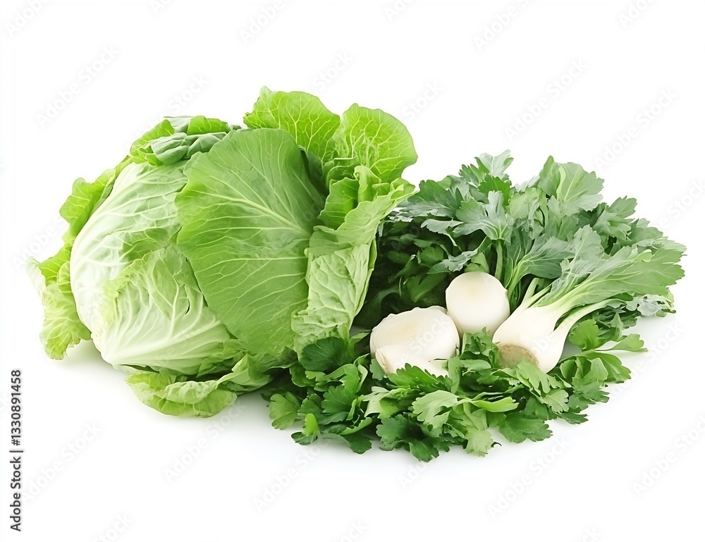 Poster assorted fresh vegetables featuring cabbage and herbs arranged beautifully on a white backdrop : gen