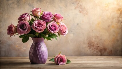 A bouquet of mauve roses arranged in a decorative purple vase sits on a rustic wooden surface against a textured backdrop