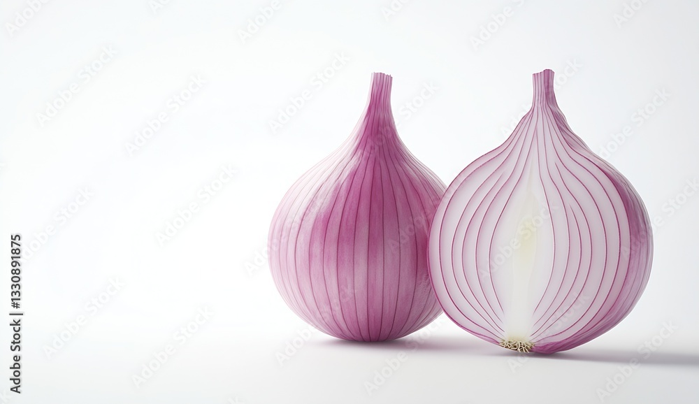Aufkleber fresh and vibrant red onion halved to reveal its layered texture on a clean surface : generative ai