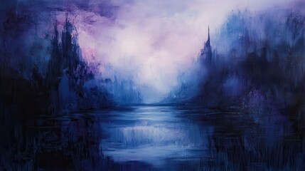 Fototapeta premium Serene Abstract Landscape with Mystical Purple Hues and Reflective Water under a Soft Ethereal Sky at Dusk in a Dreamy Artistic Style