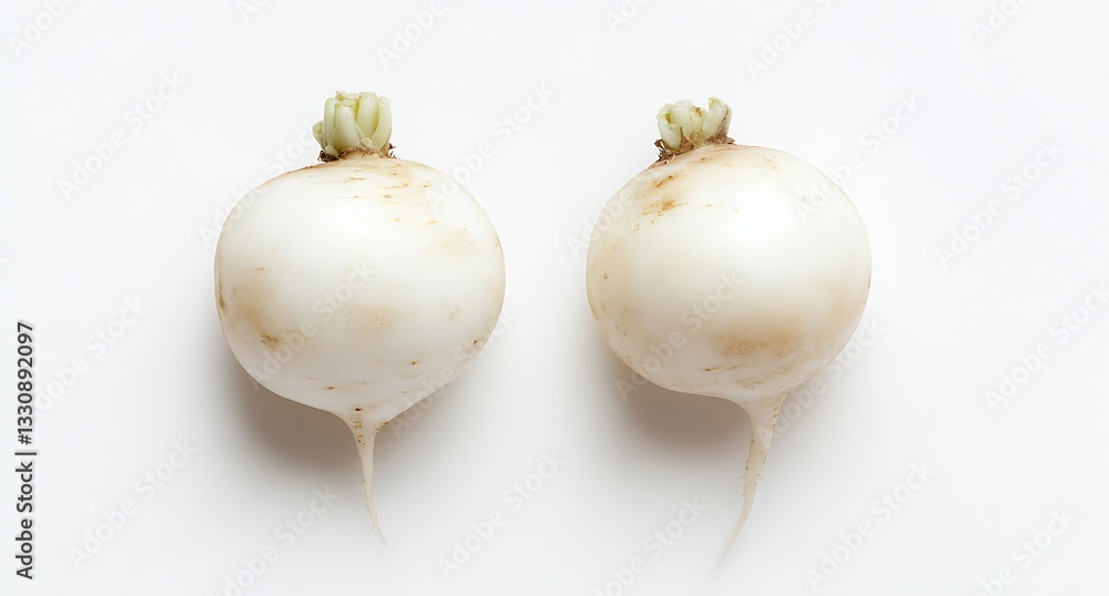 Poster organic round white radishes with a smooth surface and fresh green shoots at the top displayed on a 