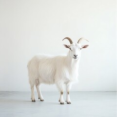 Fototapeta premium Adorable white goat standing proudly against a clean minimal background showcasing its soft fluffy fur and charming expression : Generative AI