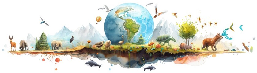 Naklejka premium Earth, animals, nature, watercolor art.