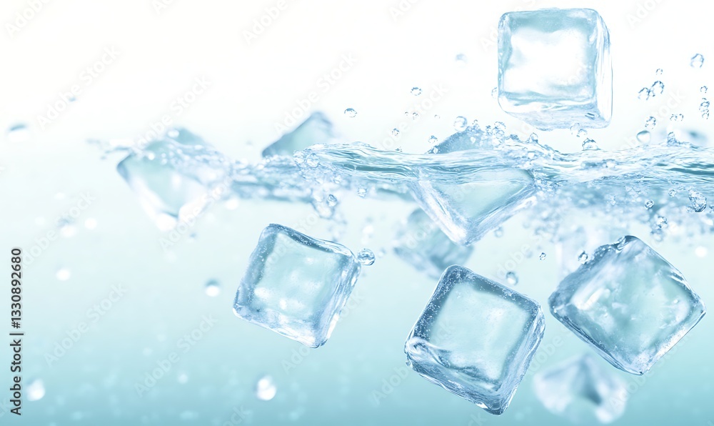 Poster floating ice cubes create ripples in clear water, evoking freshness and coolness.