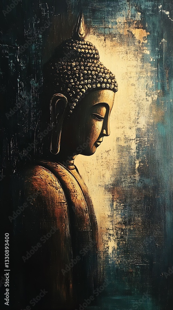 Poster Profile View of a Beautiful Buddha Statue Illuminated by Subtle Light Emphasizing Spiritual Depth and Serenity : Generative AI